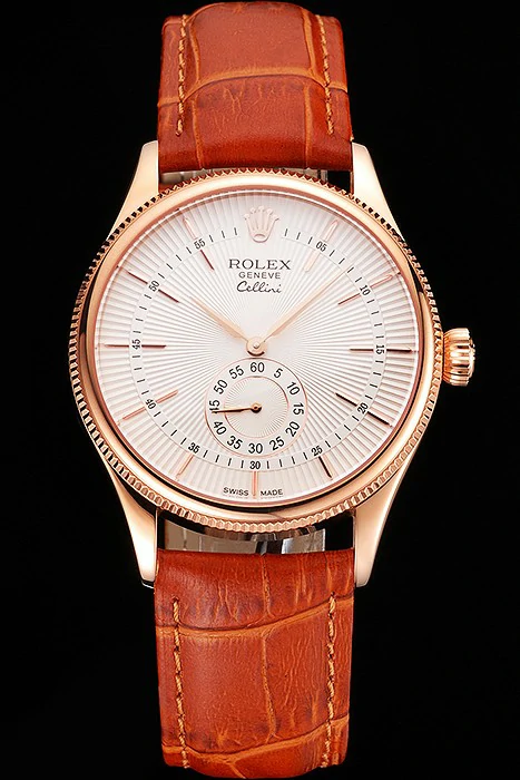 Rolex Cellini White Dial Rose Gold Case Light Brown Leather Strap new121586